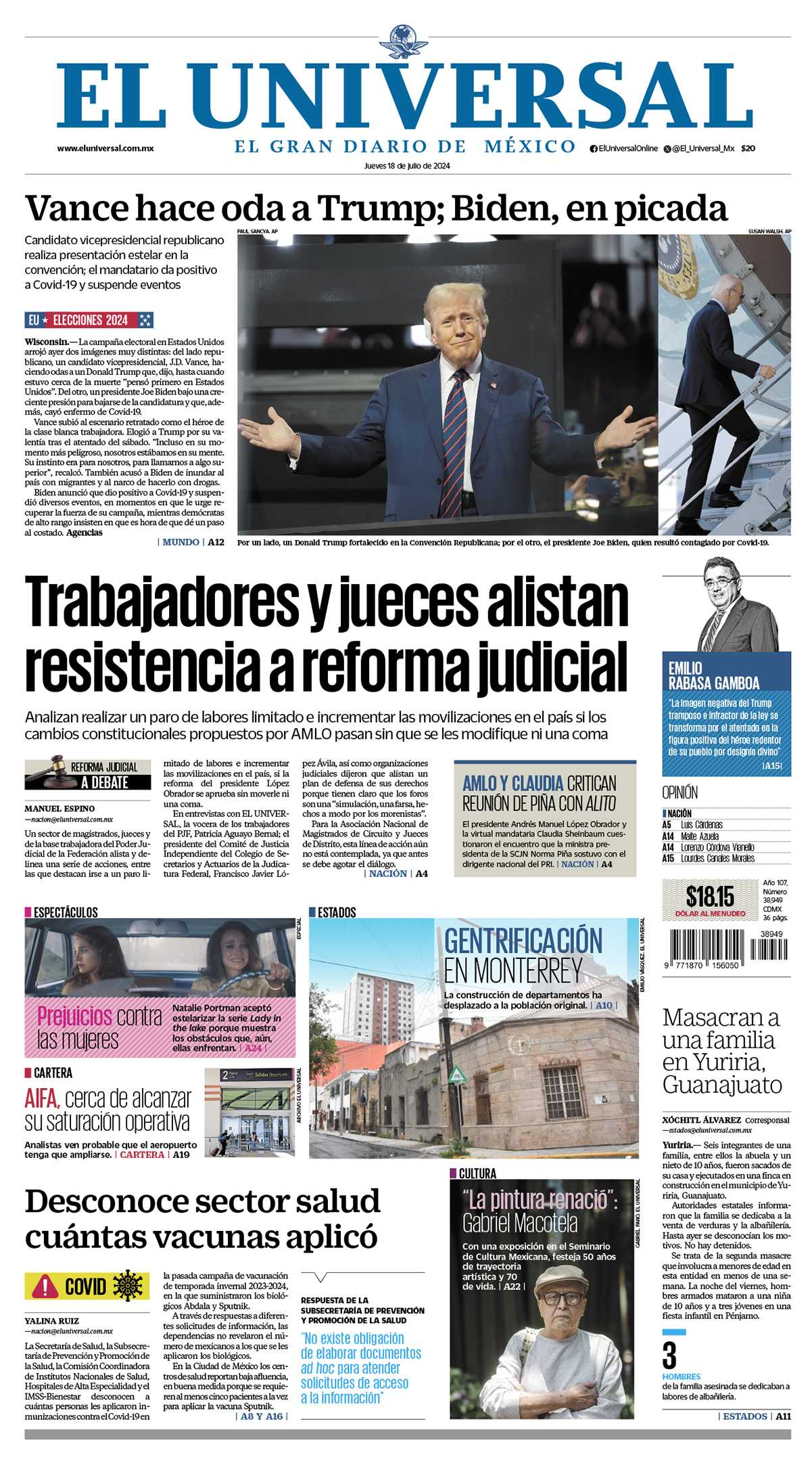 Portada impresa del 18 de julio de 2024