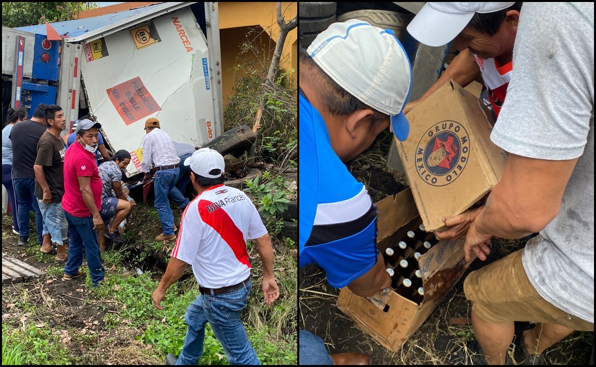 Vuelca tráiler cargado de cervezas y pobladores realizan rapiña en Veracruz