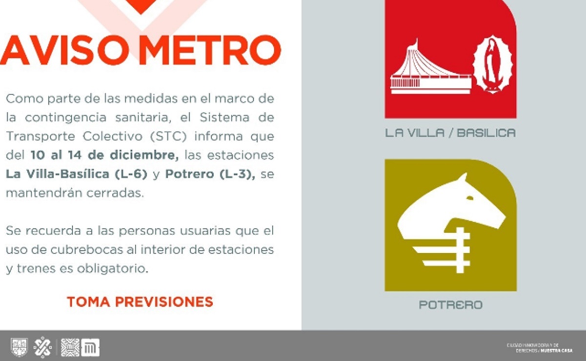 Cerrarán Metro La Villa- Basílica y Potrero del 10 al 14 de diciembre