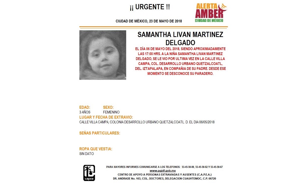 Alerta Amber. Buscan a Samantha Martínez Delgado en Iztapalapa