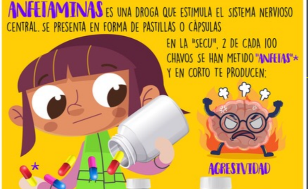 Con folletos advierten a niños sobre anfetaminas, "la mota", "las monas" y "el chemo"