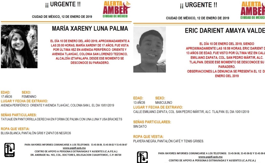 Alerta Amber para localizar a María Xareny Luna Palma y a Eric Darient Amaya Valdez