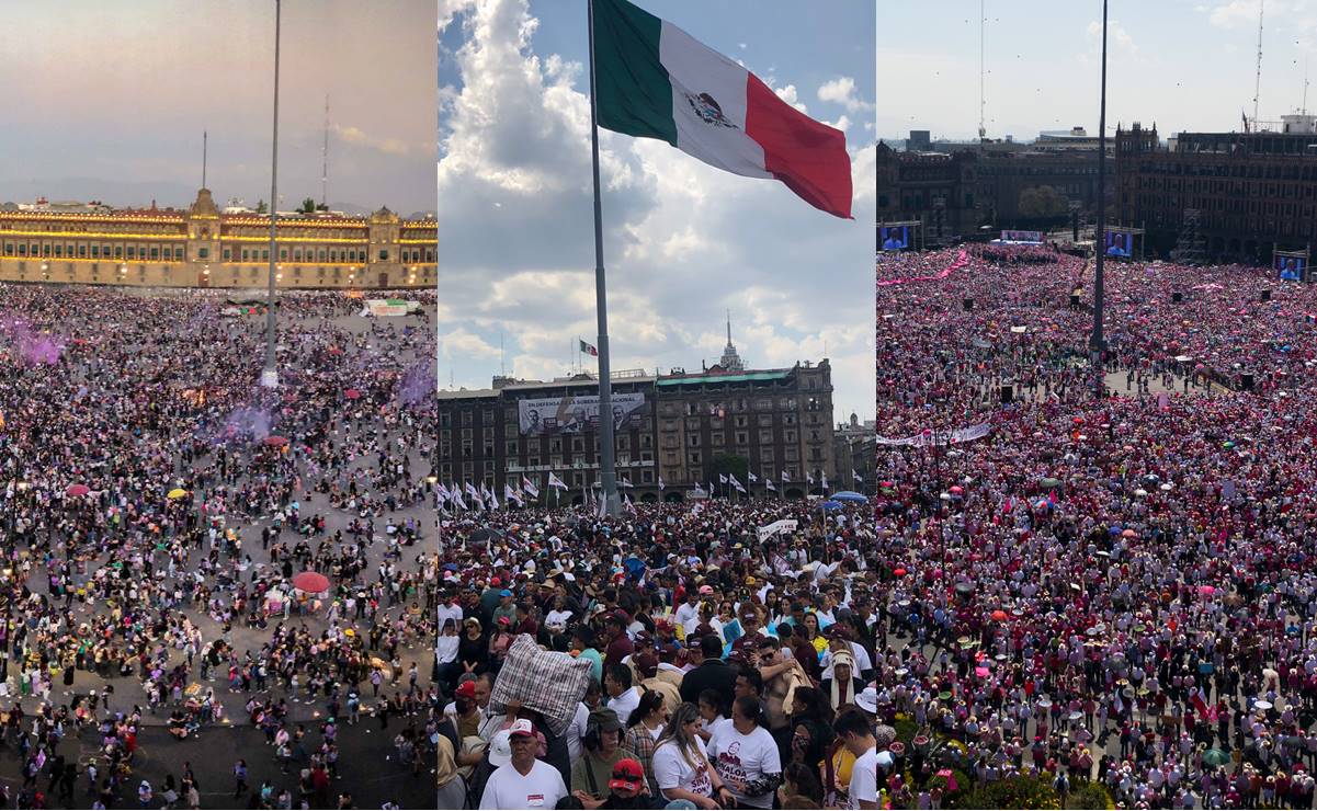 En mitin de AMLO izan bandera en el Zócalo a comparación del 8M y marcha en defensa del INE 