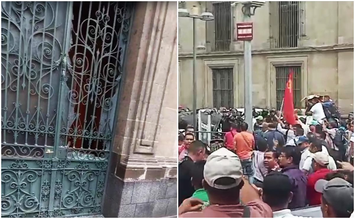 CNTE rompe vidrios de puerta de Palacio Nacional; se enfrenta con policías, tras reunión con AMLO