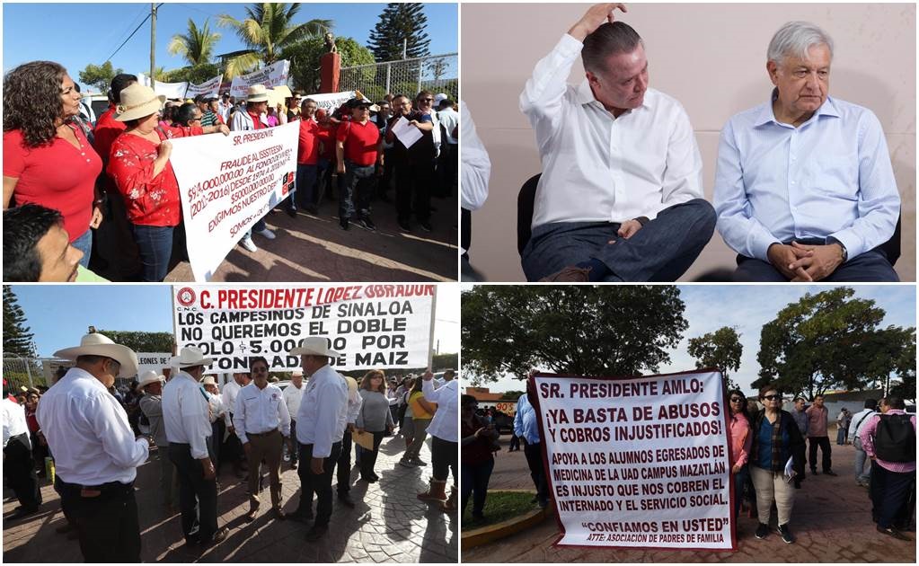 Agricultores y maestros reciben a AMLO con protestas en Sinaloa