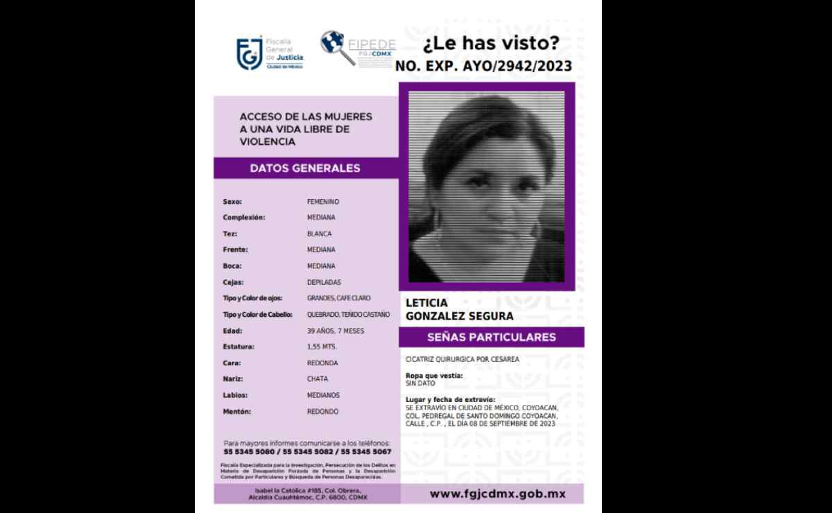 Emiten ficha de búsqueda para localizar a Leticia González, desaparecida en la CDMX