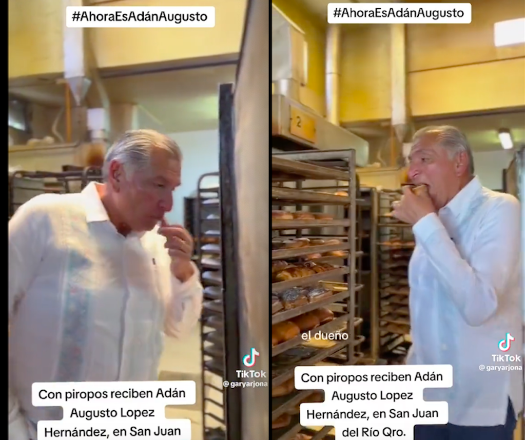 Adán Augusto entra a una panadería de Querétaro, prueba y se va sin pagar 