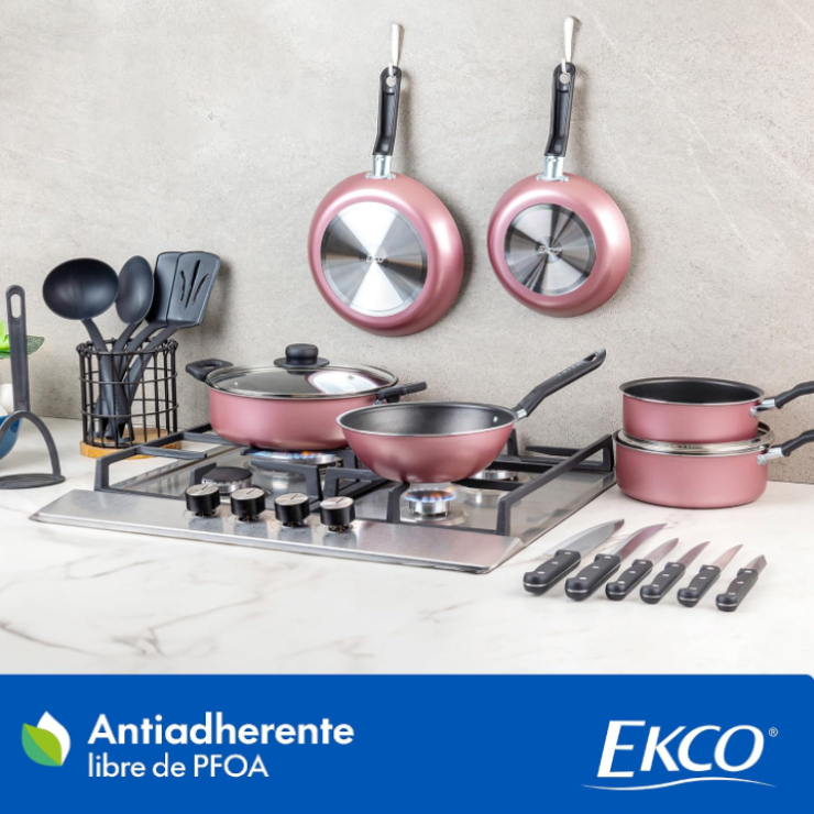 Batería de cocina Ekco Serum 19 piezas rosa