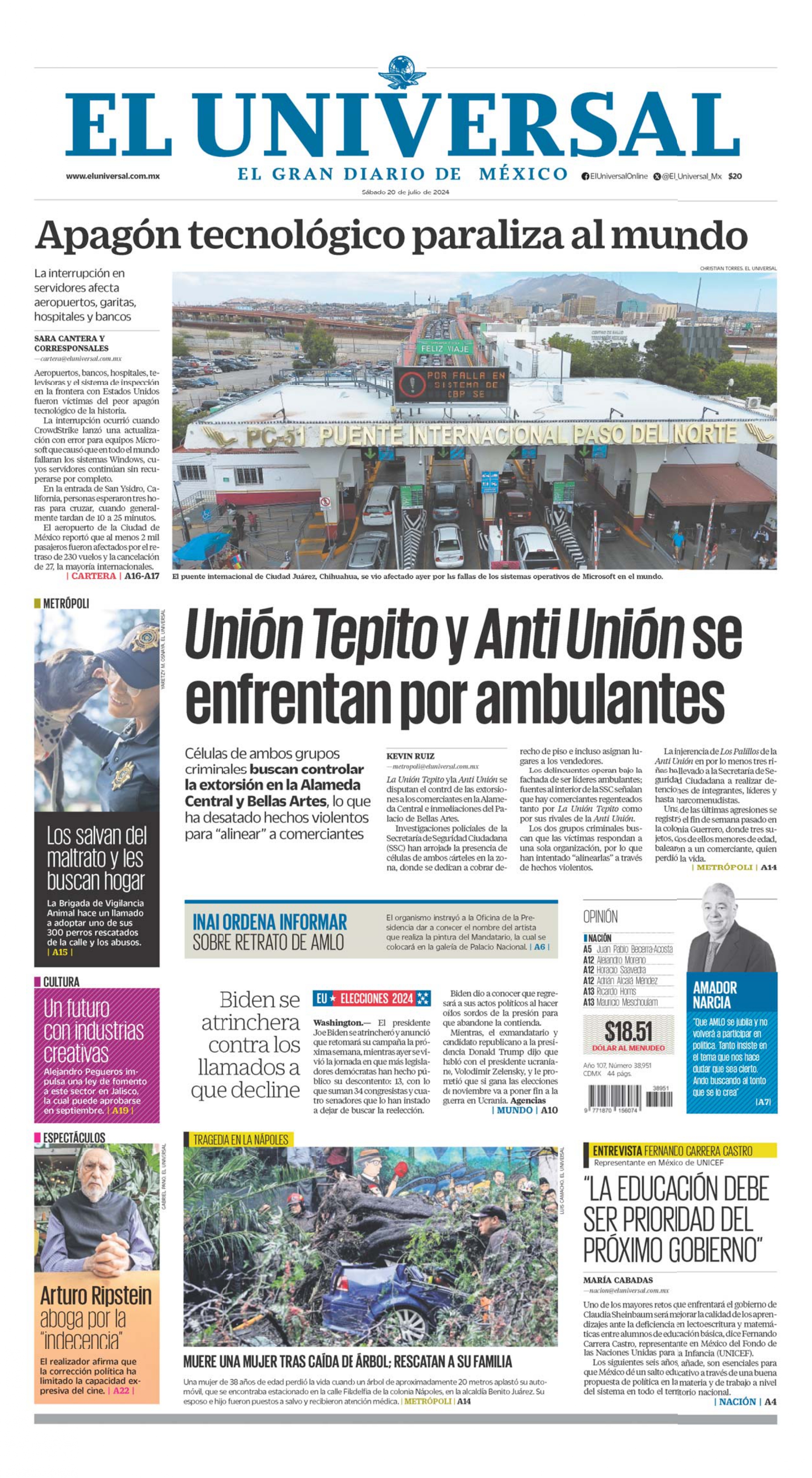 Portada impresa del 20 de julio de 2024