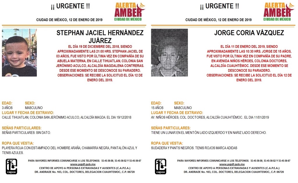 Alerta Amber para localizar a Stephan Jaciel Hernández Juárez y a Jorge Coria Vázquez