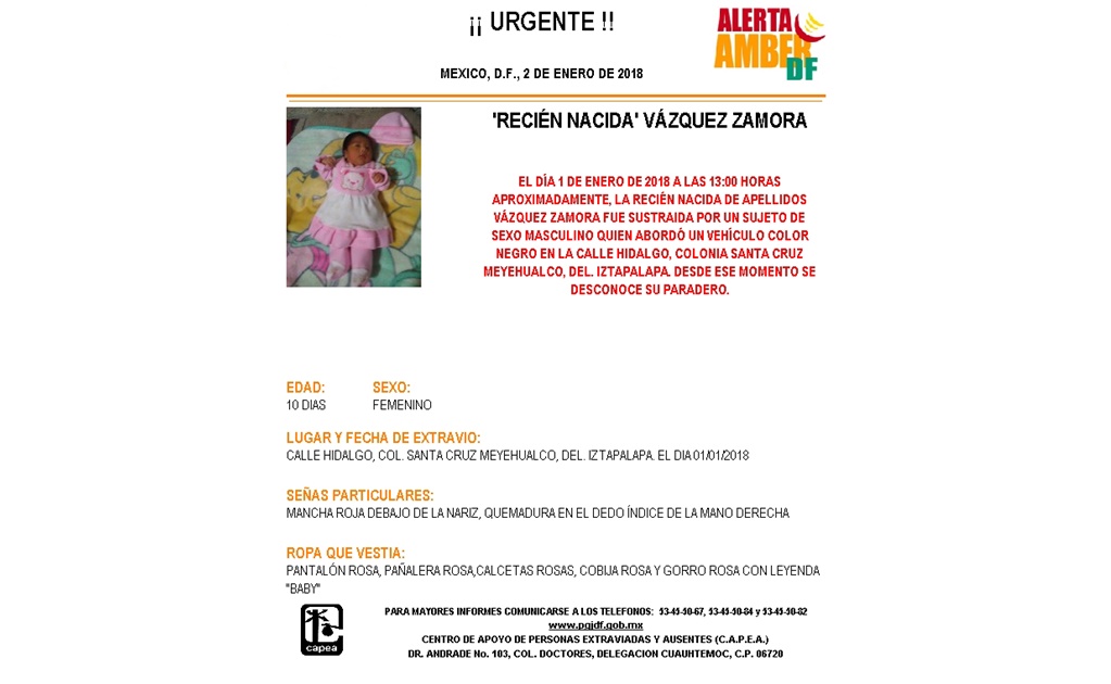 Activan Alerta Amber por recién nacida desaparecida en Iztapalapa