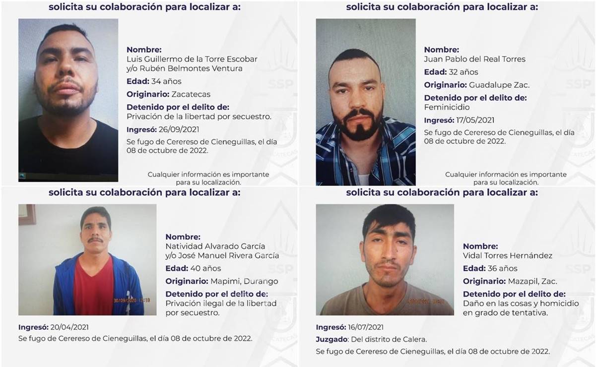 Emiten fichas de búsqueda de los 7 reos que se fugaron del penal de Cieneguillas en Zacatecas