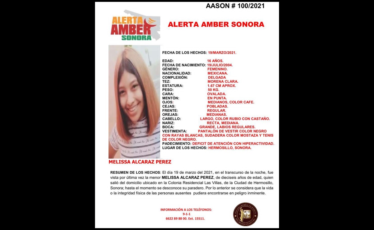 Emiten Alerta Amber para Melissa Alcaraz Pérez de 16 años desaparecida en Sonora