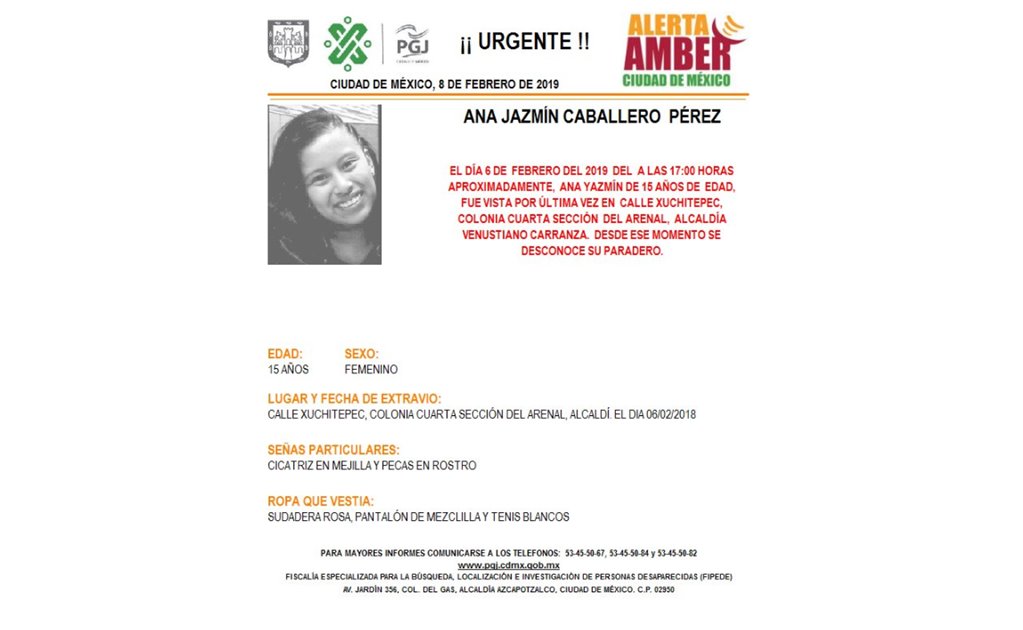 Activan Alerta Amber para encontrar a Ana Jazmín Caballero Pérez