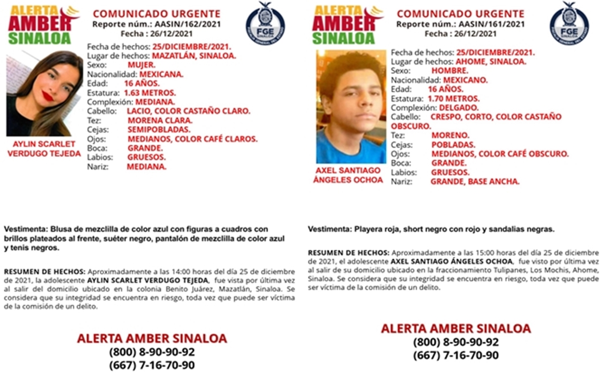 Activan Alerta Ámber por dos menores desaparecidos en Sinaloa