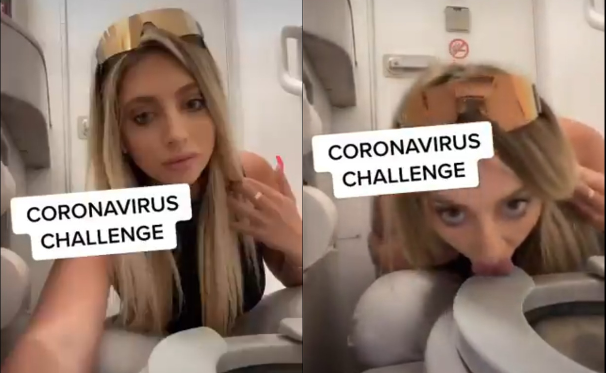 “Coronavirus Challenge” Influencer lame inodoro en avión para “contagiarse”