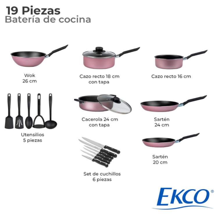 Batería de cocina Ekco Serum de 19 piezas en color rosa vista general