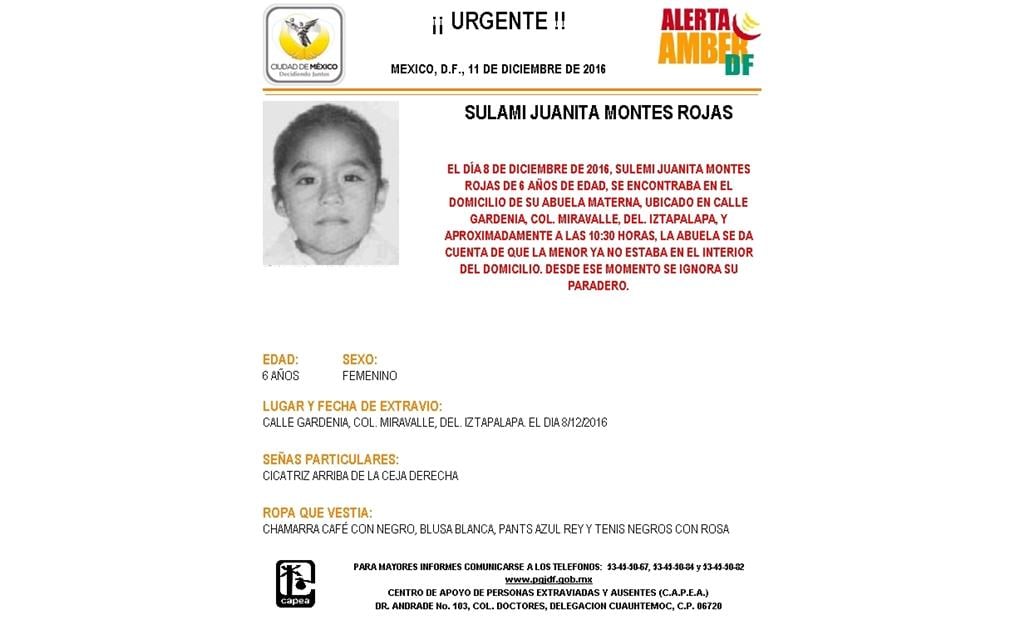 Activan Alerta Amber para localizar a menor extraviada 