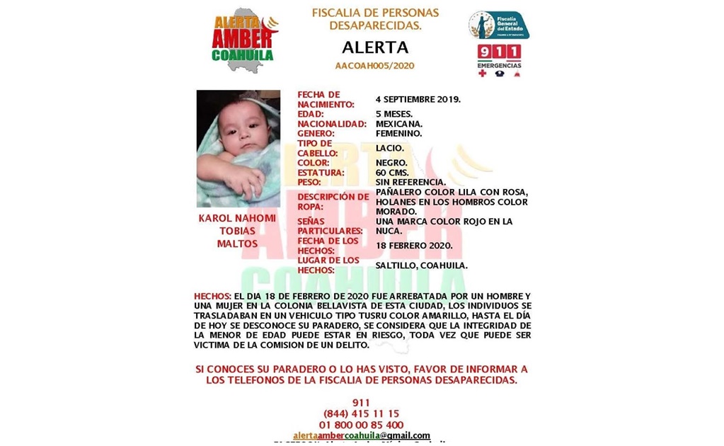Activan alerta amber en Coahuila para localizar a Karol, bebé de 5 meses 