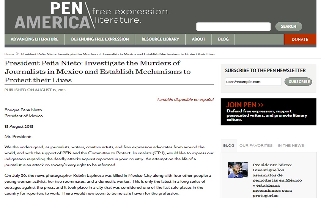 500 intellectuals ask President Peña Nieto to investigate the murders of journalists in Mexico
