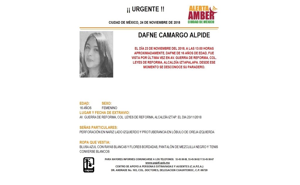 Activan Alerta Amber para localizar a Dafne Camargo Alpide