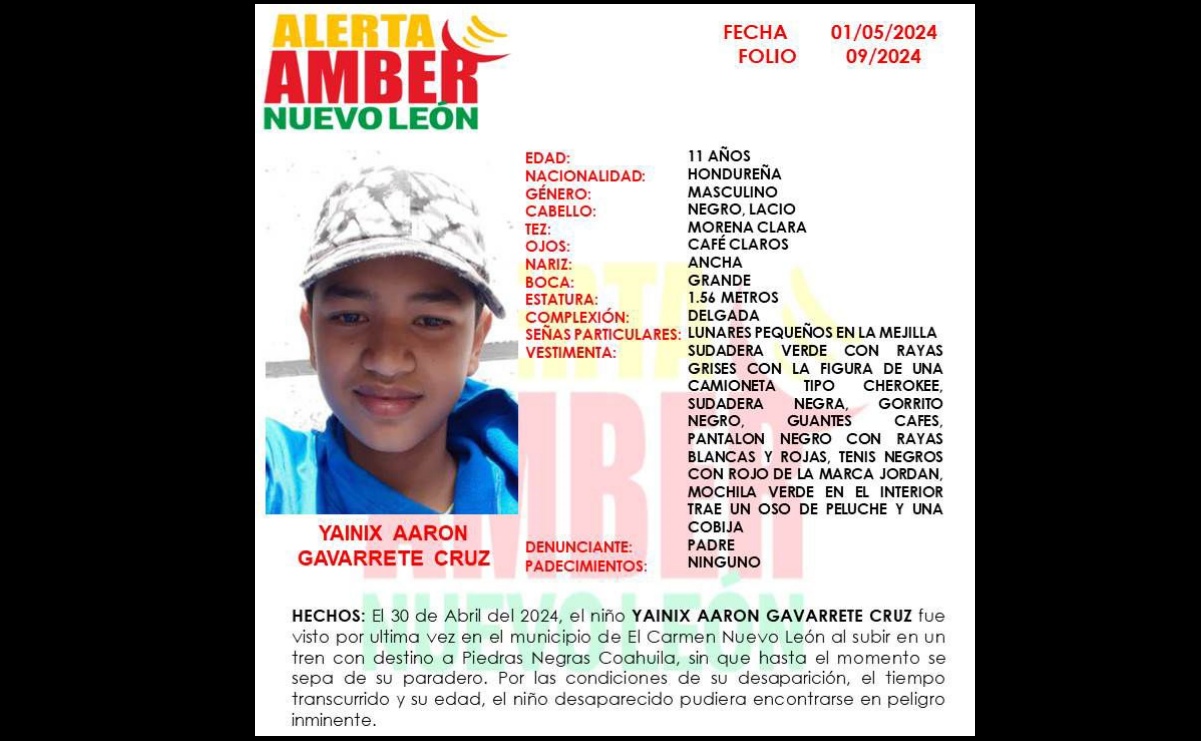 Activan Alerta Amber por desaparición de menor hondureño en Nuevo León