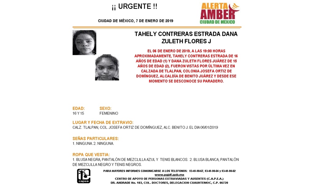 Activan Alerta Amber para localizar a Tahely Contreras y Dana Zuleth Flores 