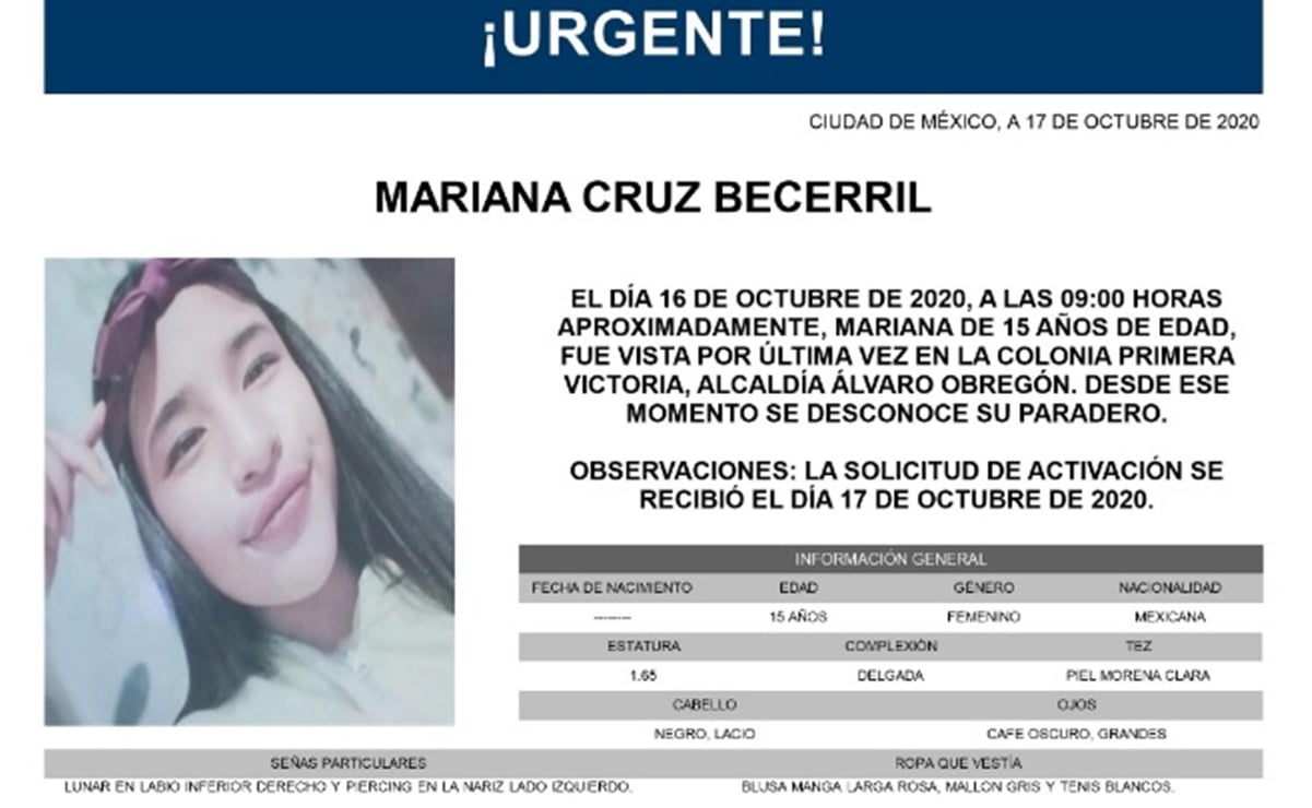 Activan Alerta Amber para localizar a Mariana Cruz, de 15 años, desapareció en Á. Obregón