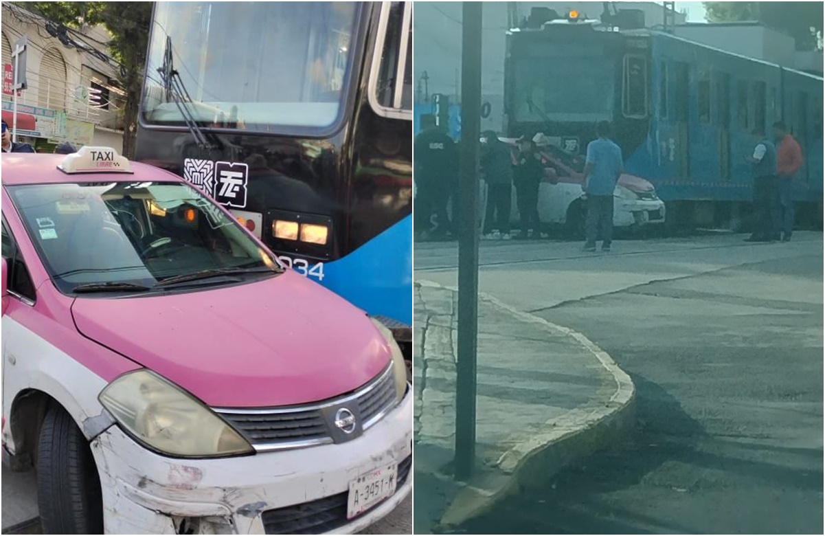 Tren Ligero choca contra taxi y choferes resultan heridos; servicio afectado de Tasqueña a Periférico