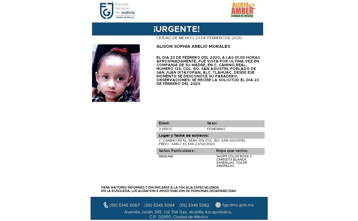 Desaparece niña de 3 años en Tláhuac; activan Alerta Amber 
