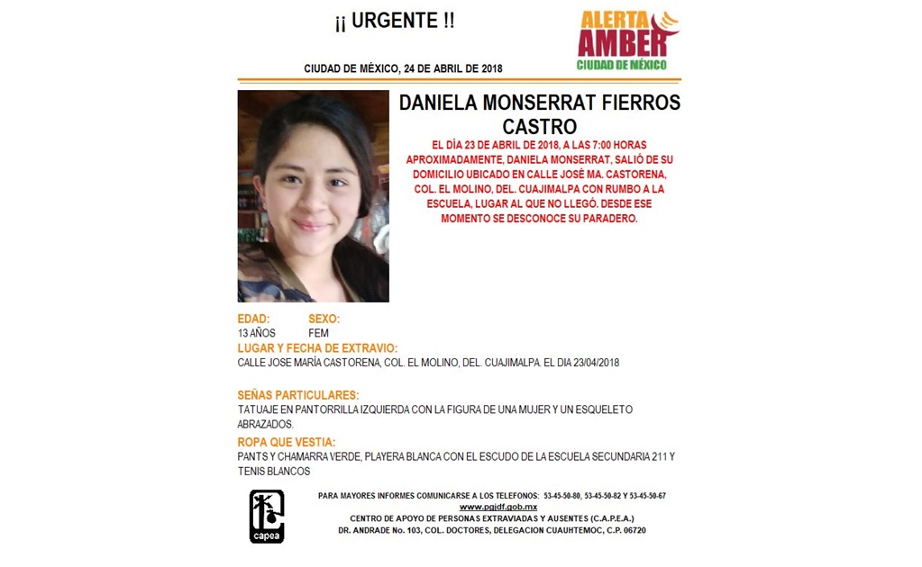 Activan Alerta Amber por menor desaparecida en Cuajimalpa 