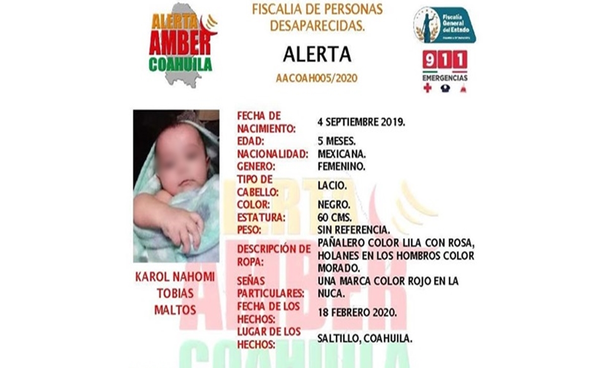 Encuentran muerta a bebé de 5 meses reportada como robada en Coahuila
