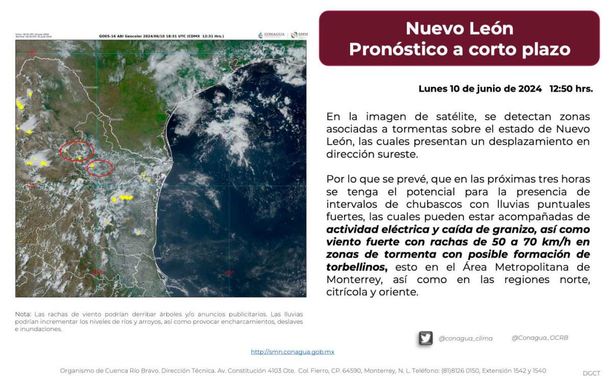 Fuertes lluvias golpean otra vez a Nuevo León; prevén caída de granizo y actividad eléctrica