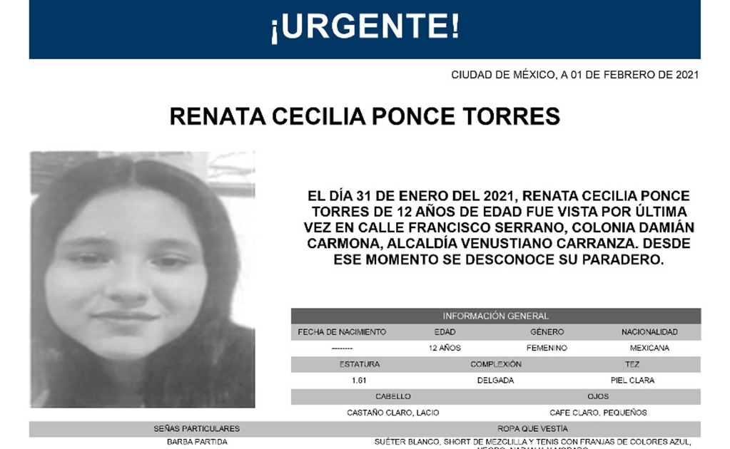 Buscan a Renata, niña de 12 años desaparecida en alcaldía Venustiano Carranza
