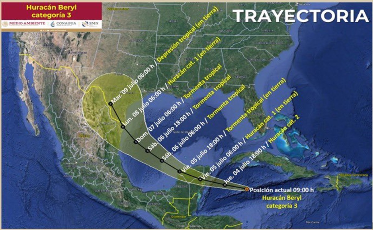 Huracán Beryl pierde fuerza en su camino hacia México, ya es categoría 2