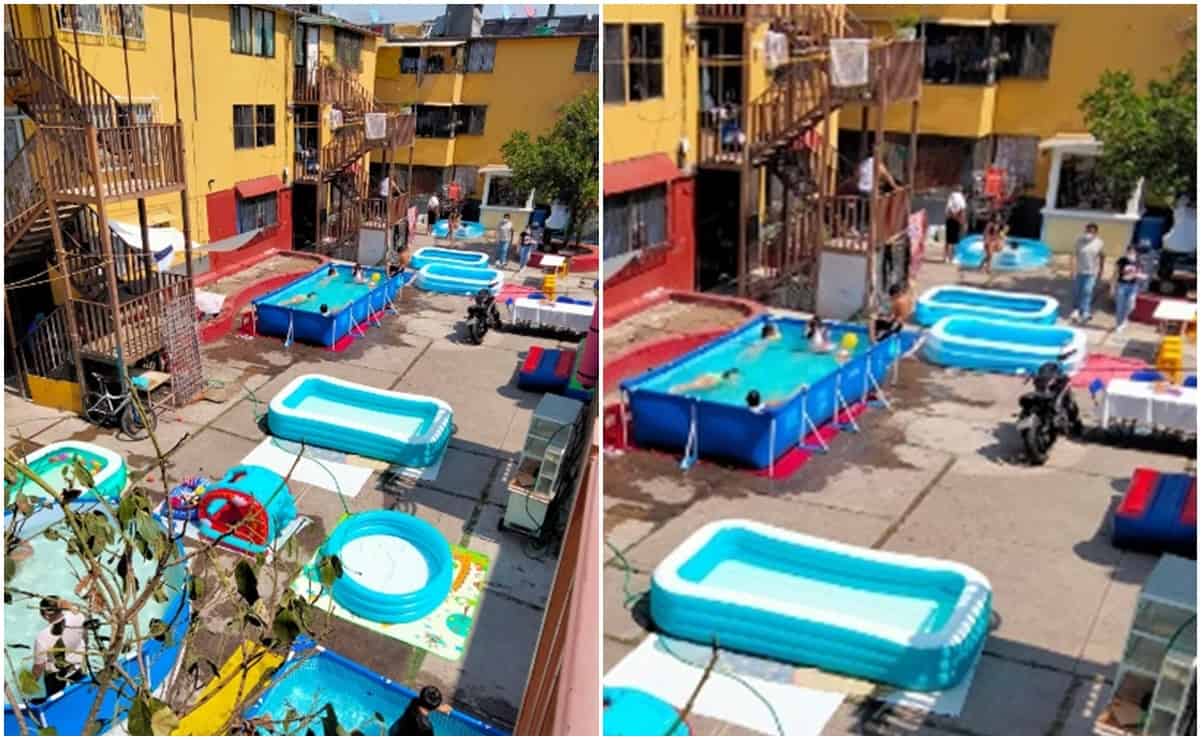 ¡Qué chulada! Vecinos montan parque acuático en unidad habitacional de Tepito