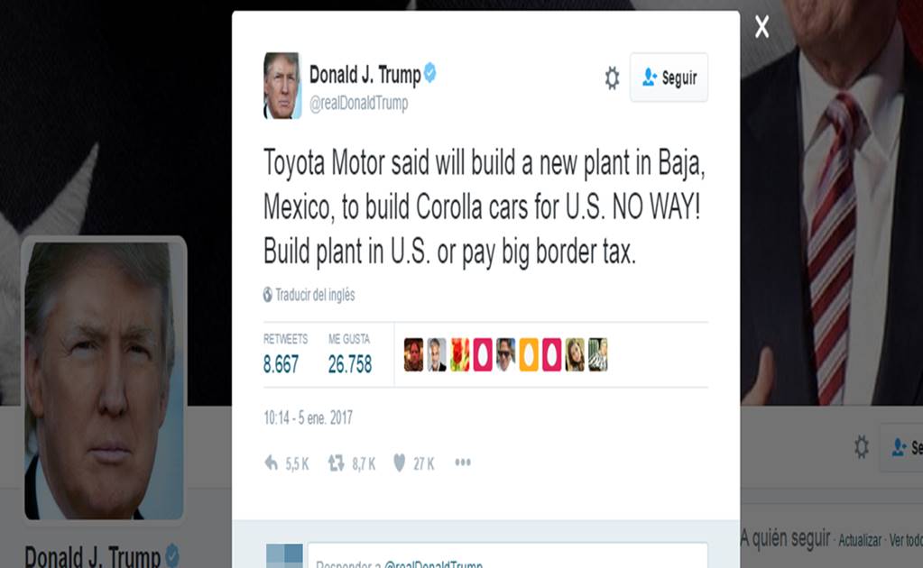 Trump: Toyota faces big tax if it builds Corolla cars for U.S. in Mexico