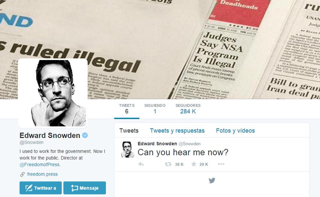 "¿Pueden oírme ahora?"; Snowden abre cuenta en Twitter