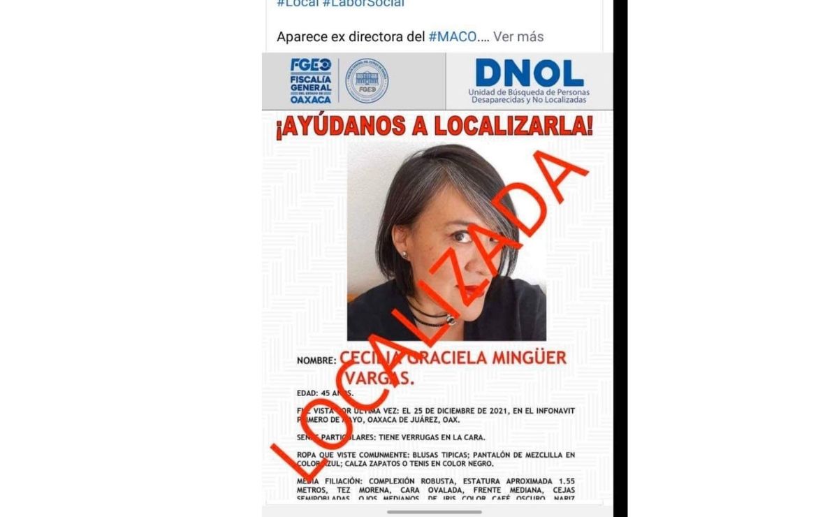La fiscalía de Oaxaca confirma la localización de Cecilia Mingüer Vargas