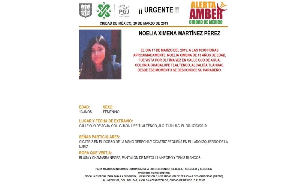 Activan Alerta Amber para localizar a Noelia Ximena Martínez en Tláhuac