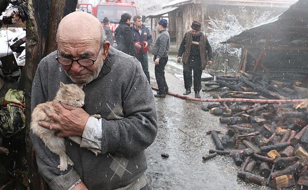 Video. Anciano turco se aferra a su gato tras perder todo en un incendio