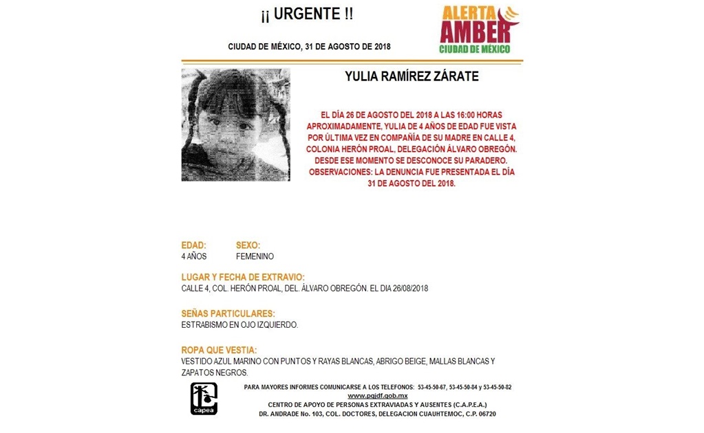 Activan Alerta Amber para localizar a Yulia Ramírez Zárate en Álvaro Obregón