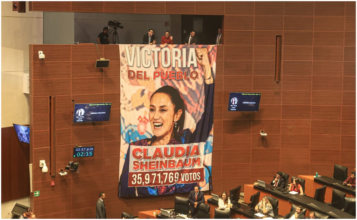 FOTOS: Con mega lona de Claudia Sheinbaum en el Senado festejan su triunfo electoral 