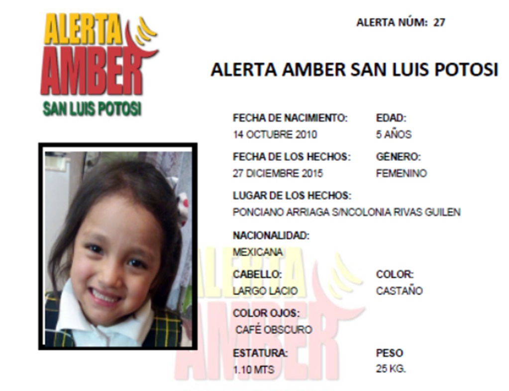 Activan Alerta Amber por niña de 5 años en SLP 