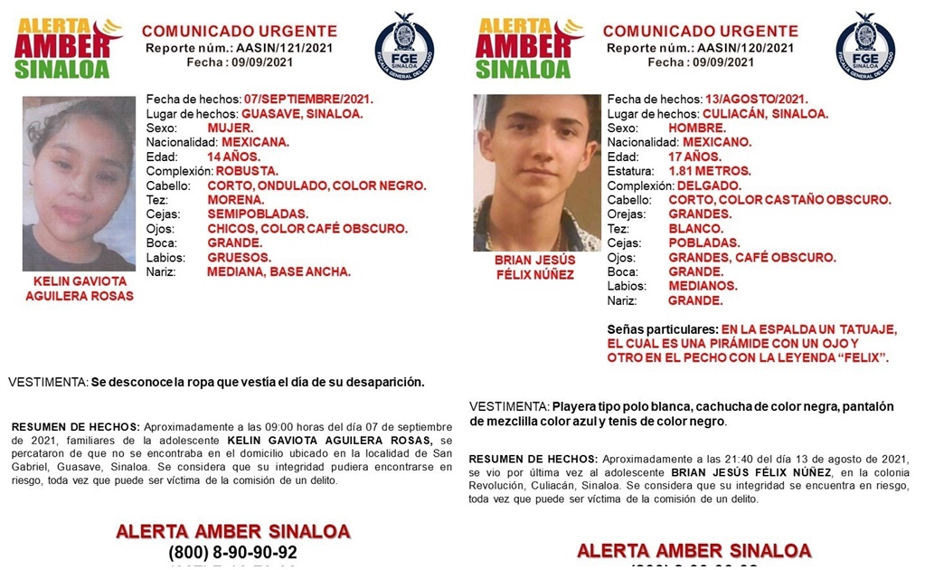Emiten Alerta Amber en Sinaloa para localizar a dos menores de 17 y 14 años de edad 