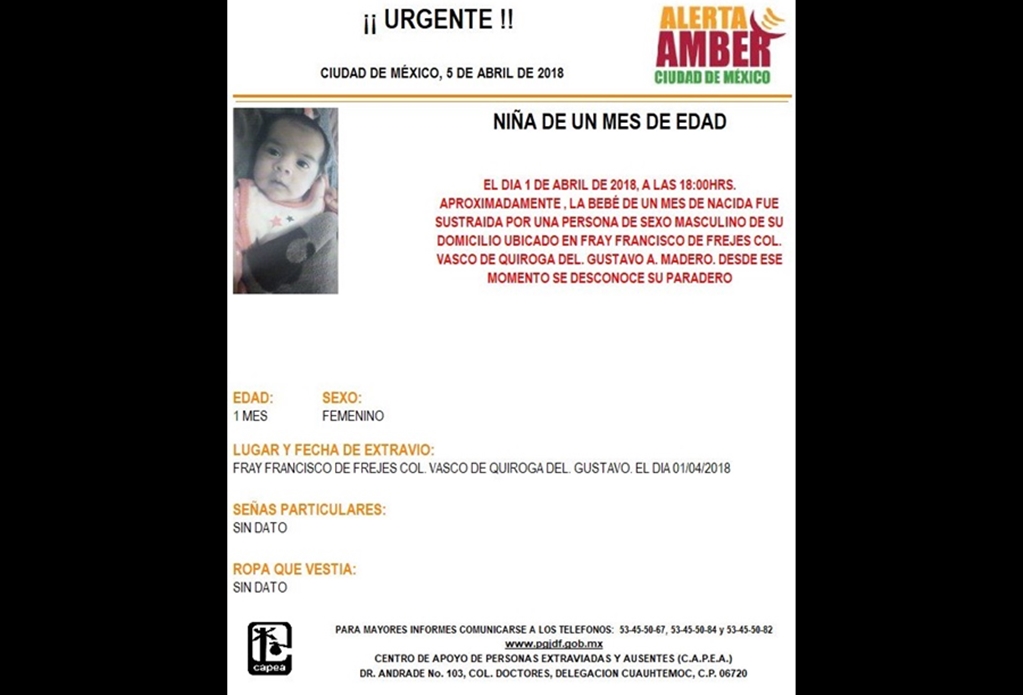 Activan Alerta Amber por bebé de un mes desparecida