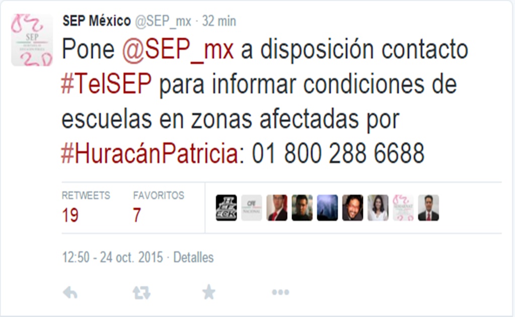 TelSEP informará sobre escuelas de zonas afectadas por "Patricia"