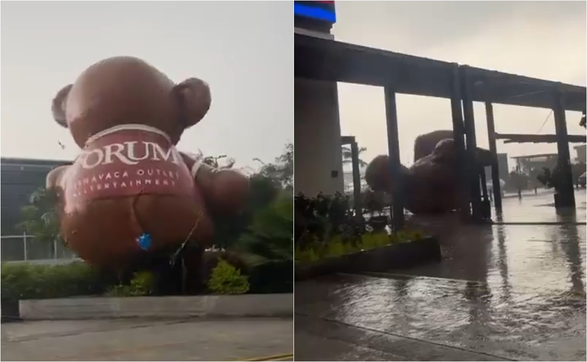 ¡Y se marchó...! Oso inflable gigante sale volando por fuertes vientos en Plaza Forum Cuernavaca: VIDEO