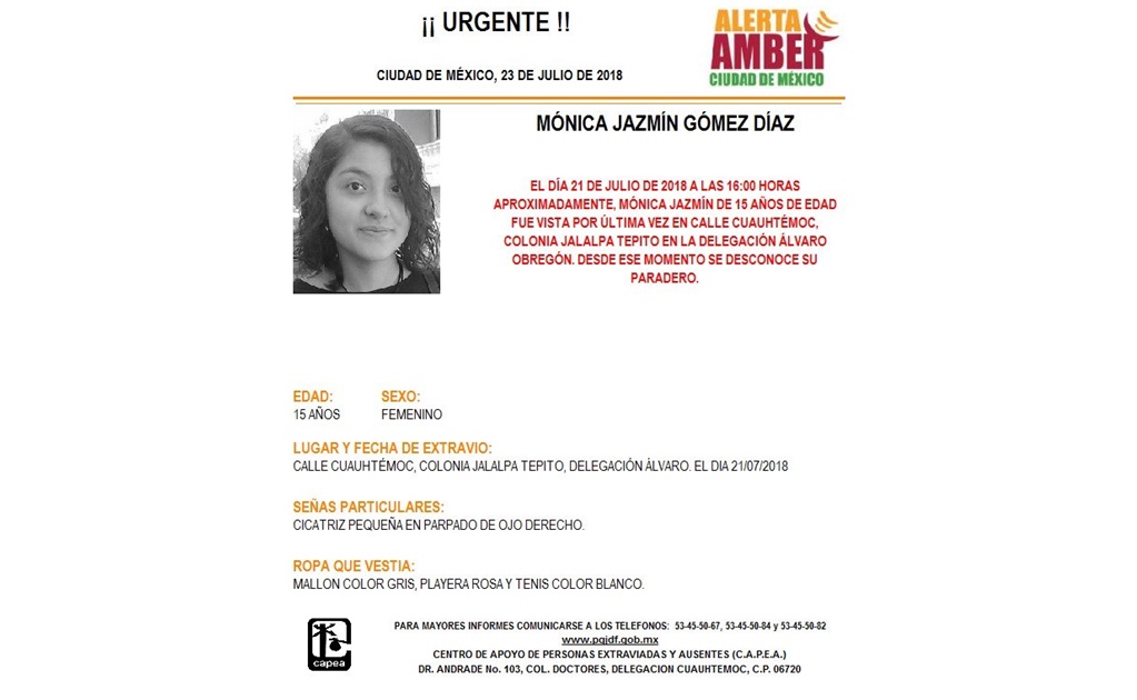 Alerta Amber. Buscan a Mónica Jazmín en la delegación Álvaro Obregón