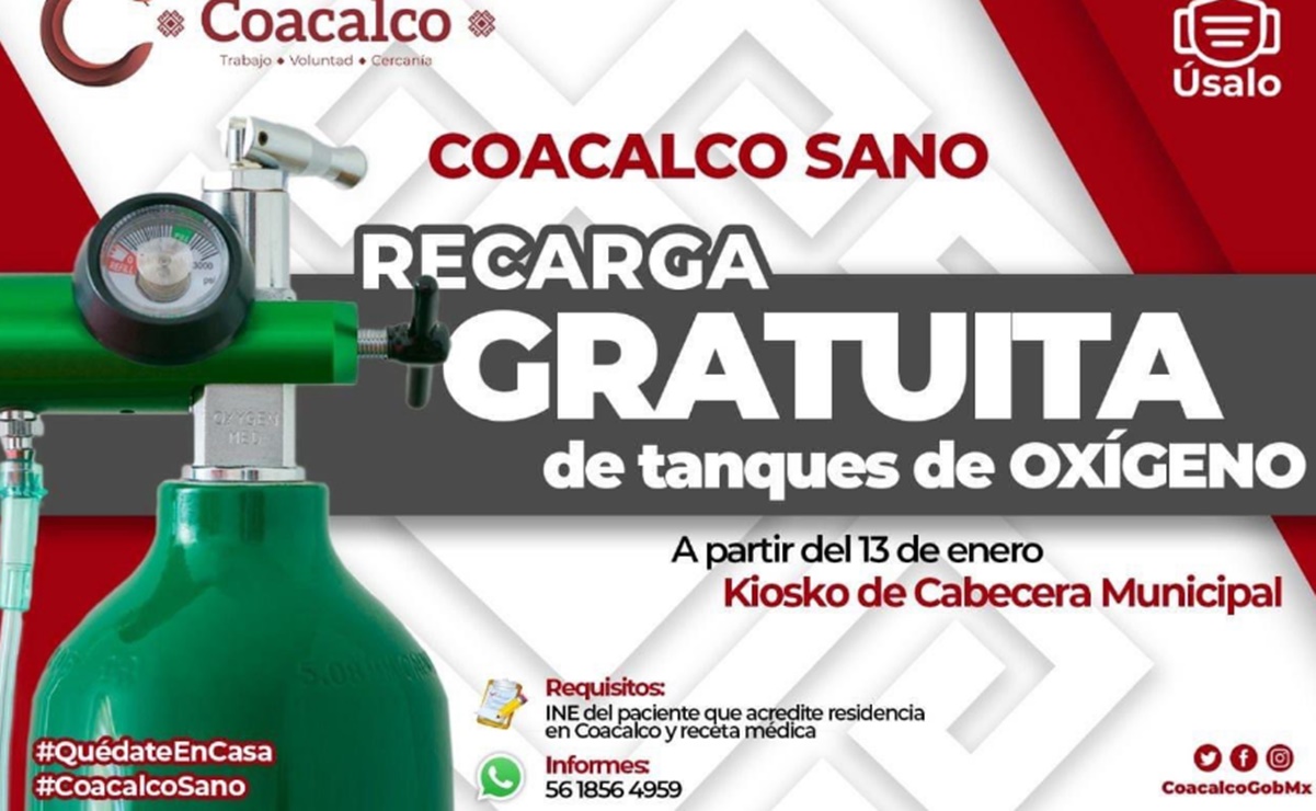 Recargarán gratis tanques de oxígeno para pacientes Covid-19 en Coacalco